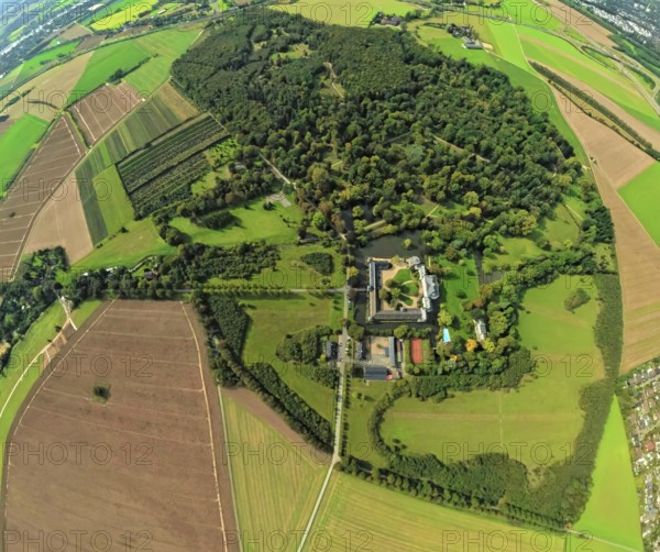 Aerial view, Schloss Heltorf moated castle with castle park and landscape garden, globe, fisheye image, 360 degree image, tiny world, little planet, fisheye image, Angermund, Düsseldorf, Ruhr area, North Rhine-Westphalia, Germany, DE, Europe, fisheye lens, fisheye lens, moat, manor house, manor house, Little Planet, aerial view, aerial photography, aerial photography, castle, castle complex, super wide angle lens, Tiny World, overview, defence system, bird's eye view, forest area, moat, moated castle, moated castle, globe, birds-eyes view, fisheye lens, insta360 camera, overview