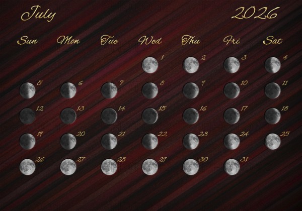 Moon Phases Calendar, July 2026 Red