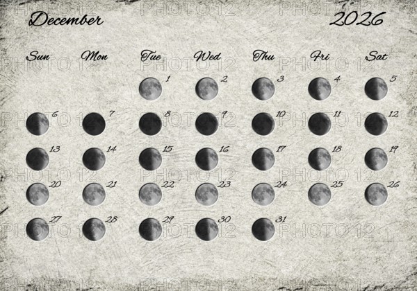 Moon Phases Calendar. December 2026 Old Paper