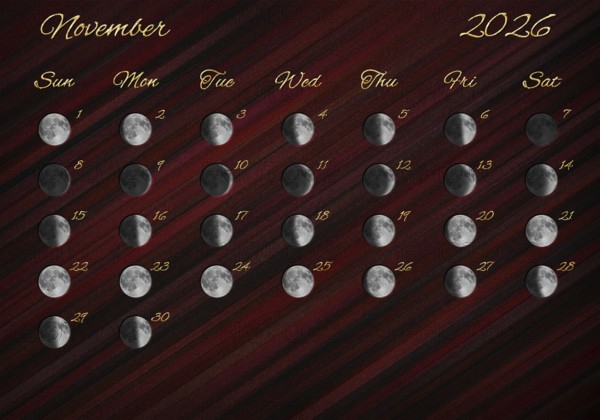 Moon Phases Calendar, November 2026 Red