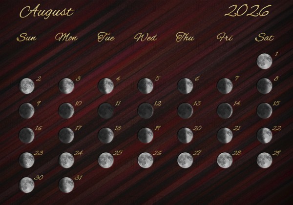 Moon Phases Calendar, August 2026 Red