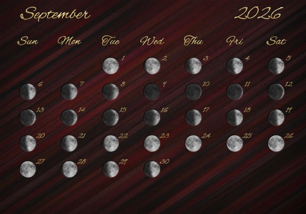 Moon Phases Calendar, September 2026 Red