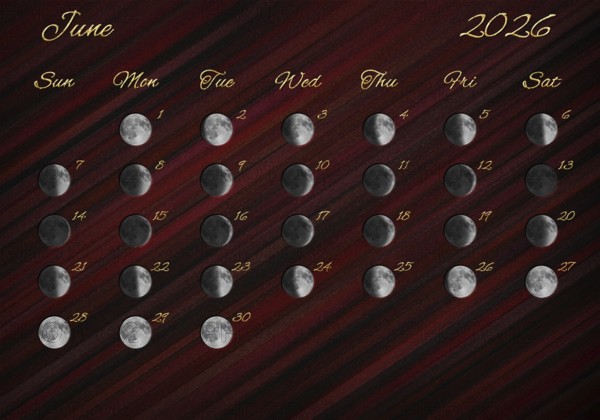 Moon Phases Calendar, June 2026 Red