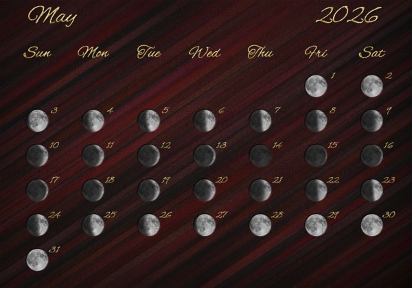 Moon Phases Calendar, May 2026 Red