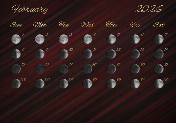 Moon Phases Calendar, February 2026 Red