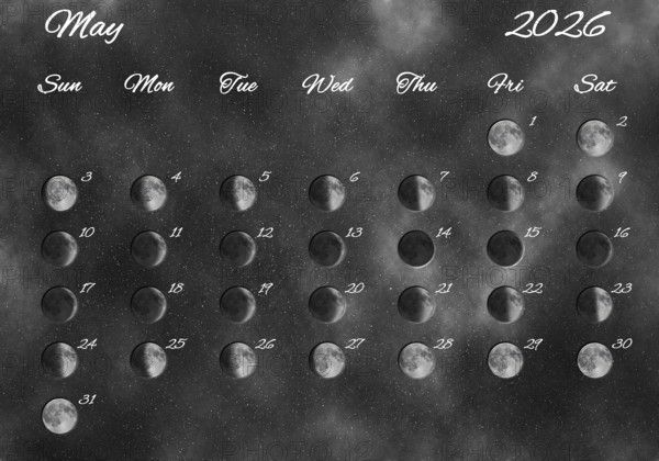 Moon Phases Calendar, May 2026 Space Background