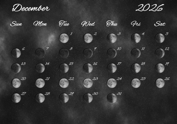 Moon Phases Calendar, December 2026 Space Background