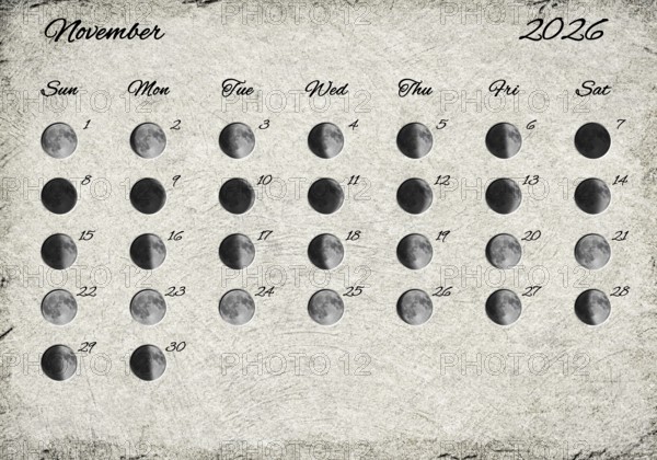 Moon Phases Calendar. November 2026 Old Paper