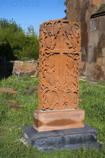 Decorated stone with cross motif in green surroundings, cross stone, Khachkar, Marmashen Monastery, Marmashen Vank, Shirak Province, Armenia