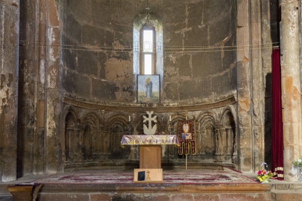 Interior view of a church with altar, windows and religious decoration, Marmashen Monastery, Marmashen Vank, Shirak Province, Armenia