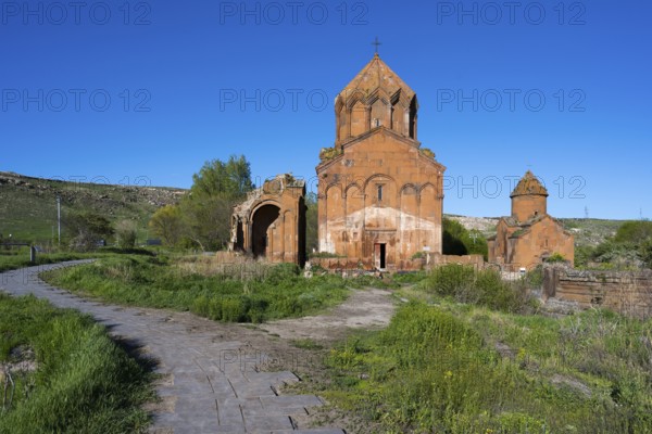 Old footpath leads to the brick church in a picturesque landscape, cross-domed church, Marmashen Monastery, Marmashen Vank, Shirak Province, Armenia