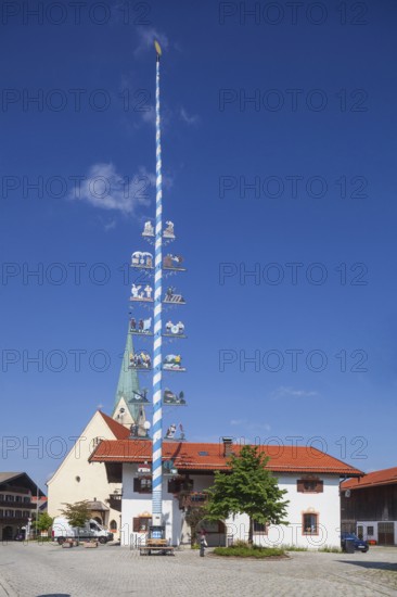 Parish Church of the Assumption of the Virgin Mary with maypole and town hall on the village square, Törwang, Samerberg, Chiemgau, Upper Bavaria, Bavaria, Germany