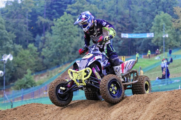 Motocross, Rudersberg, Baden-Württemberg, Germany, Europe, Quad rider jumping during an exciting off-road race on uneven terrain, Rudersberg Motocross