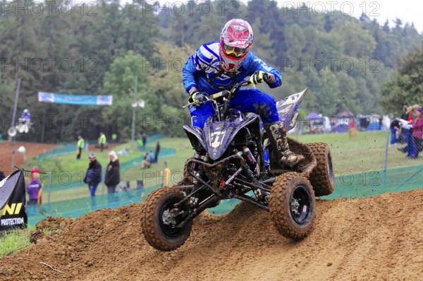 Motocross, Rudersberg, Baden-Württemberg, Germany, Europe, motocross quad rider jumps during a race with spectators, Rudersberg motocross