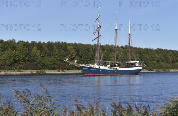 Tall ship, sailing ship ATLANTIS sailing through the Kiel Canal, Kiel Canal, Kiel Canal, Schleswig-Holstein, Germany