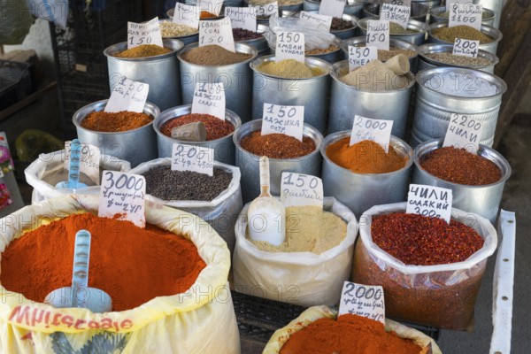 Various spices in metal containers and bags with price tags at a market, Gyumri, Gyumri, Gyumri, Shirak province, Armenia