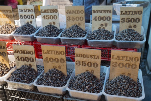 Stalls with coffee beans and signs at a market, Gyumri, Giumri, Gyumri, Shirak province, Armenia
