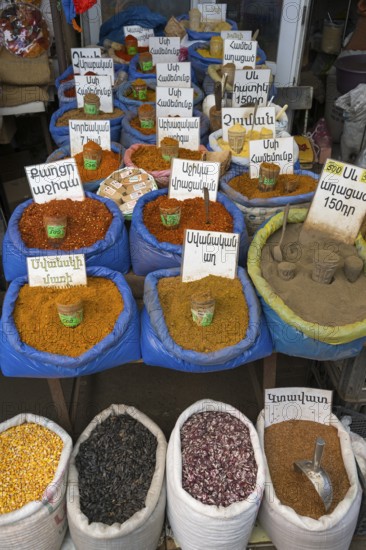 Colourful sacks full of different spices with signs and prices, Gyumri, Gyumri, Shirak province, Armenia