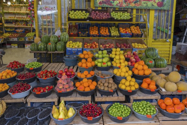 Presentation of many different types of fruit on a market stall, Gyumri, Gyumri, Shirak province, Armenia