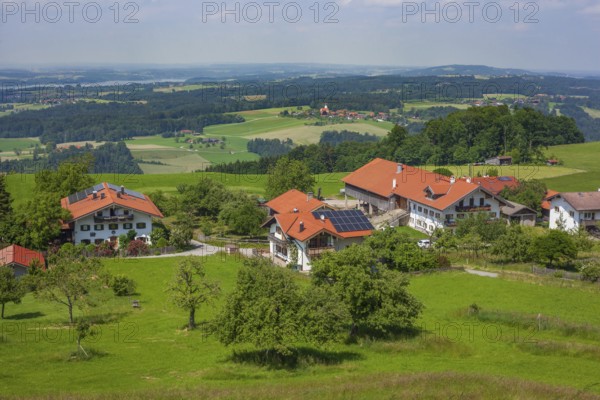 Residential building and view of the Chiemgau, Samerberg, Chiemgau, Upper Bavaria, Bavaria, Germany