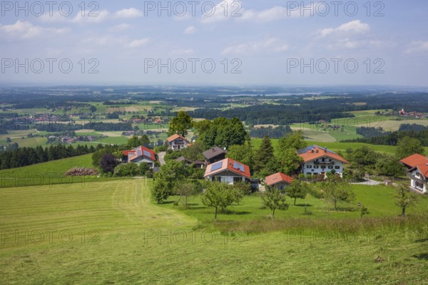 Residential building and view of the Chiemgau, Samerberg, Chiemgau, Upper Bavaria, Bavaria, Germany
