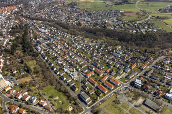 Aerial view, district and residential area at Stresemannstraße, in Bad Wildungen in Hesse. Bad Wildungen, spa centre and state bath in the district of Waldeck-Frankenberg, North Hesse, Hesse, Germany, Bad Wildungen, DEU, Europe, birds-eyes view, aerial view, aerial photography, aerial photography, overview, overview, bird's eye view