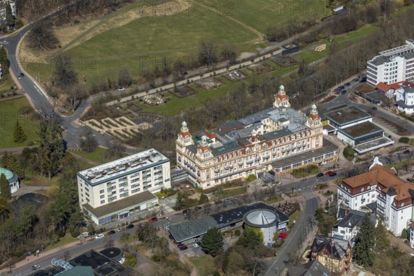 Aerial view, Asklepios Fachklinik Fürstenhof in Bad Wildungen in Hesse. Bad Wildungen, spa centre and state bath in the district of Waldeck-Frankenberg, North Hesse, Hesse, Germany, Bad Wildungen, DEU, Europe, birds-eyes view, aerial view, aerial photography, aerial photography, overview, overview, bird's eye view