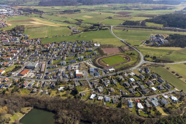 Aerial view, sports stadium on Odershäuser Straße, football pitch, sports field in Bad Wildungen in Hesse. Bad Wildungen, spa centre and state bath in the district of Waldeck-Frankenberg, North Hesse, Hesse, Germany, Bad Wildungen, DEU, Europe, birds-eyes view, aerial view, aerial photography, aerial photography, overview, overview, bird's eye view