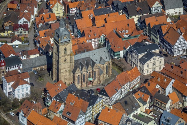 Aerial view, town centre of Wildungen with Protestant church on the town hill, in Bad Wildungen in Hesse. Bad Wildungen, spa centre and state bath in the district of Waldeck-Frankenberg, North Hesse, Hesse, Germany, Bad Wildungen, DEU, Europe, birds-eyes view, aerial view, aerial photography, aerial photography, overview, bird's eye view