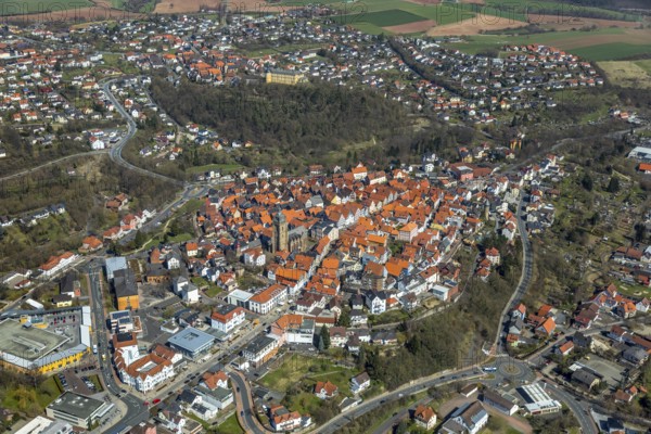 Aerial view, town centre of Wildungen with Protestant church on the town hill, in Bad Wildungen in Hesse. Bad Wildungen, spa centre and state bath in the district of Waldeck-Frankenberg, North Hesse, Hesse, Germany, Bad Wildungen, DEU, Europe, birds-eyes view, aerial view, aerial photography, aerial photography, overview, bird's eye view, half-timbered houses