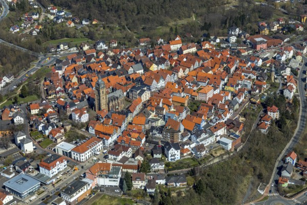 Aerial view, town centre of Wildungen with Protestant church on the town hill, in Bad Wildungen in Hesse. Bad Wildungen, spa centre and state bath in the district of Waldeck-Frankenberg, North Hesse, Hesse, Germany, Bad Wildungen, DEU, Europe, birds-eyes view, aerial view, aerial photography, aerial photography, overview, bird's eye view, half-timbered houses