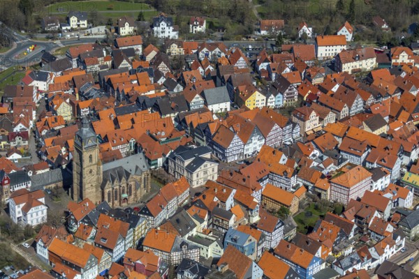 Aerial view, town centre of Wildungen with Protestant church on the town hill, in Bad Wildungen in Hesse. Bad Wildungen, spa centre and state bath in the district of Waldeck-Frankenberg, North Hesse, Hesse, Germany, Bad Wildungen, DEU, Europe, birds-eyes view, aerial view, aerial photography, aerial photography, overview, bird's eye view, half-timbered houses