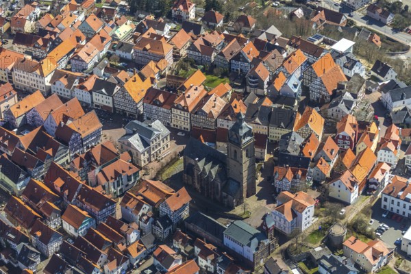 Aerial view, town centre of Wildungen with Protestant church on the town hill, in Bad Wildungen in Hesse. Bad Wildungen, spa centre and state bath in the district of Waldeck-Frankenberg, North Hesse, Hesse, Germany, Bad Wildungen, DEU, Europe, birds-eyes view, aerial view, aerial photography, aerial photography, overview, bird's eye view