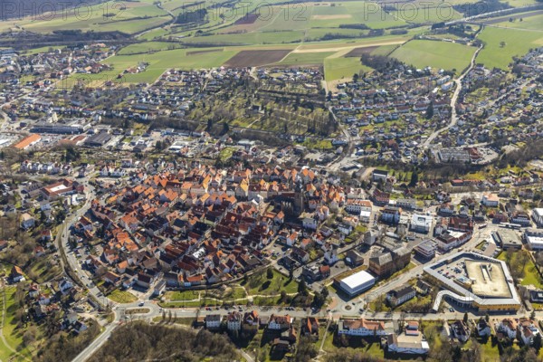 Aerial view, town centre of Wildungen with Protestant church on the town hill, in Bad Wildungen in Hesse. Bad Wildungen, spa centre and state bath in the district of Waldeck-Frankenberg, North Hesse, Hesse, Germany, Bad Wildungen, DEU, Europe, birds-eyes view, aerial view, aerial photography, aerial photography, overview, bird's eye view