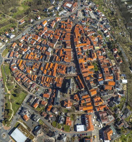 Aerial view, town centre of Wildungen with Protestant church on the town hill, in Bad Wildungen in Hesse. Bad Wildungen, spa centre and state bath in the district of Waldeck-Frankenberg, North Hesse, Hesse, Germany, Bad Wildungen, DEU, Europe, birds-eyes view, aerial view, aerial photography, aerial photography, overview, bird's eye view