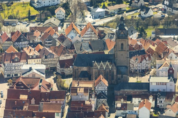 Aerial view, town centre of Wildungen with Protestant church on the town hill, in Bad Wildungen in Hesse. Bad Wildungen, spa centre and state bath in the district of Waldeck-Frankenberg, North Hesse, Hesse, Germany, Bad Wildungen, DEU, Europe, birds-eyes view, aerial view, aerial photography, aerial photography, overview, bird's eye view