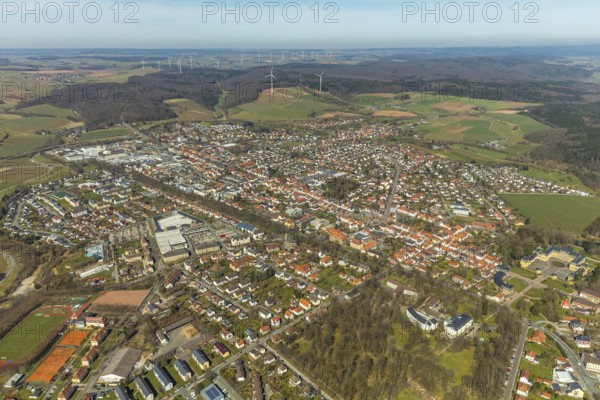Aerial view, town church with church square and Bahnhofstraße, Große Allee, Eichenallee, Bad Arolsen, district Waldeck-Frankenberg, Hesse, Germany, DEU, Europe, birds-eyes view, aerial view, aerial photography, aerial photography, overview, bird's eye view