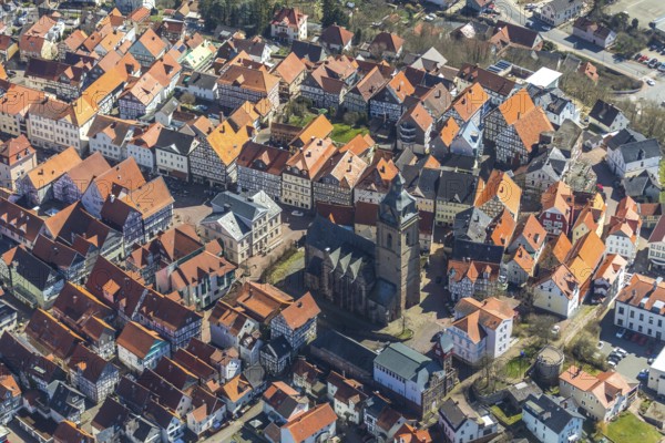 Aerial view, town centre of Wildungen with Protestant church on the town hill, in Bad Wildungen in Hesse. Bad Wildungen, spa centre and state bath in the district of Waldeck-Frankenberg, North Hesse, Hesse, Germany, Bad Wildungen, DEU, Europe, birds-eyes view, aerial view, aerial photography, aerial photography, overview, bird's eye view