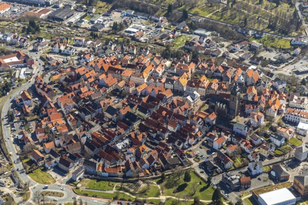 Aerial view, town centre of Wildungen with Protestant church on the town hill, in Bad Wildungen in Hesse. Bad Wildungen, spa centre and state bath in the district of Waldeck-Frankenberg, North Hesse, Hesse, Germany, Bad Wildungen, DEU, Europe, birds-eyes view, aerial view, aerial photography, aerial photography, overview, bird's eye view