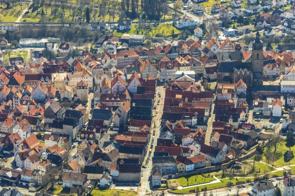 Aerial view, town centre of Wildungen with Protestant church on the town hill, in Bad Wildungen in Hesse. Bad Wildungen, spa centre and state bath in the district of Waldeck-Frankenberg, North Hesse, Hesse, Germany, Bad Wildungen, DEU, Europe, birds-eyes view, aerial view, aerial photography, aerial photography, overview, bird's eye view