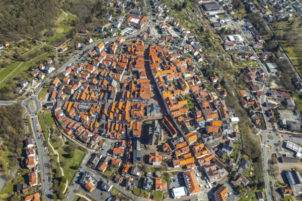Aerial view, town centre of Wildungen with Protestant church on the town hill, in Bad Wildungen in Hesse. Bad Wildungen, spa centre and state bath in the district of Waldeck-Frankenberg, North Hesse, Hesse, Germany, Bad Wildungen, DEU, Europe, birds-eyes view, aerial view, aerial photography, aerial photography, overview, bird's eye view