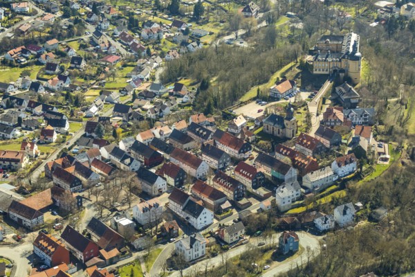 Aerial view, Altwildungen with Friedrichstein Castle in Bad Wildungen in Hesse. Bad Wildungen, spa centre and state bath in the district of Waldeck-Frankenberg, North Hesse, Hesse, Germany, Bad Wildungen, DEU, Europe, birds-eyes view, aerial view, aerial photography, aerial photography, overview, overview, bird's eye view, Friedrichstein Castle is a baroque castle, castle hill, Bad Wildung, district of Altwildungen