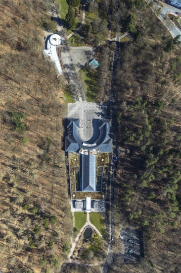 Aerial view, Wandelhalle An den Georg-Viktor-Quelle in Bad Wildungen in Hesse. Bad Wildungen, spa centre and state bath in the district of Waldeck-Frankenberg, North Hesse, Hesse, Germany, Bad Wildungen, DEU, Europe, birds-eyes view, aerial view, aerial photography, aerial photography, overview, overview, bird's eye view