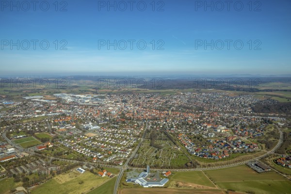 Aerial view, view of Korbach over the Südring in Korbach. District town Korbach, district Waldeck-Frankenberg in Hesse, Germany, district town Korbach, Europe, birds-eyes view, aerial view, aerial photography, aerial photography, overview, bird's eye view
