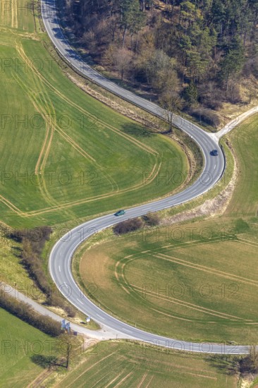 Aerial view, street curves, motorbike route Kasseler Straße L3080, in Volkmarsen, district Waldeck-Frankenberg, Hesse, Germany, Volkmarsen, DEU, Europe, birds-eyes view, aerial photography, aerial photography, aerial photography, overview, bird's eye view