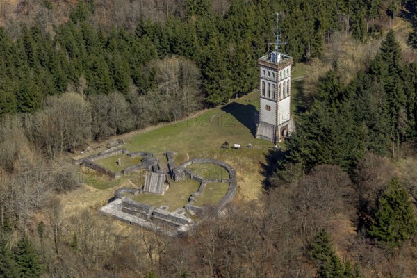 Aerial view, Goldhausen, Burg Eisenberg is the ruin of a hilltop castle near Goldhausen in Korbach, Georg-Viktor-Turm on the Eisenberg, district town Korbach, district Waldeck-Frankenberg in Hesse, Germany, Europe, birds-eyes view, aerial photography, aerial photography, overview, overview, bird's eye view