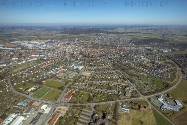Aerial view, view of Korbach over the Südring in Korbach. District town Korbach, district Waldeck-Frankenberg in Hesse, Germany, district town Korbach, Europe, birds-eyes view, aerial view, aerial photography, aerial photography, overview, bird's eye view