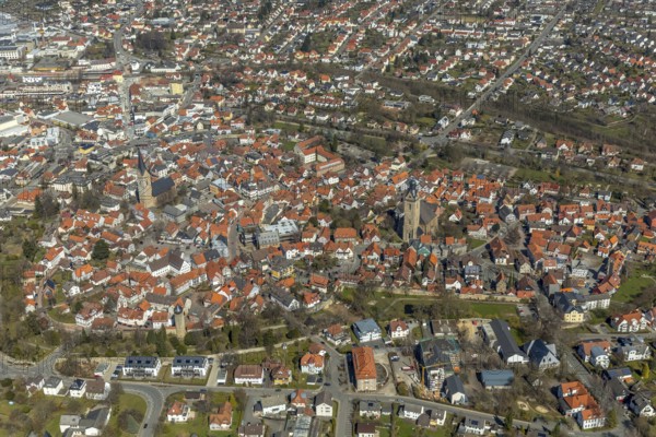 Aerial view, view from south to the historical city centre of Korbach with Kiliankirche in Korbach. District town Korbach, district Waldeck-Frankenberg in Hesse, Germany, district town Korbach, Europe, birds-eyes view, aerial view, aerial photography, aerial photography, overview, bird's eye view