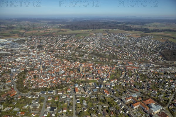 Aerial view, view from south to the historical city centre of Korbach with Kiliankirche in Korbach. District town Korbach, district Waldeck-Frankenberg in Hesse, Germany, district town Korbach, Europe, birds-eyes view, aerial view, aerial photography, aerial photography, overview, bird's eye view