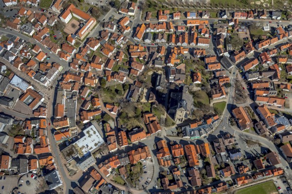 Aerial view, Kilianskirche and Museum Korbach, historic old town in Korbach. district town Korbach, district Waldeck-Frankenberg in Hesse, Germany, district town Korbach, Europe, birds-eyes view, aerial view, aerial photography, aerial photography, overview, bird's eye view